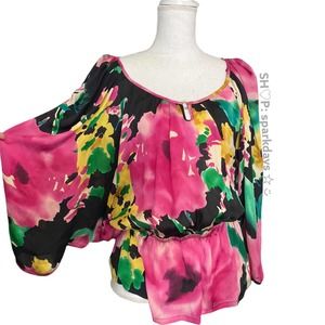 Anthropologie Black Colorful Floral Puff Sleeve Silk Vintage Peplum Blouse | M